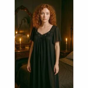 Vintage Only Necessities Black Nylon Nightgown Lace Trim Maxi L Made in Haiti